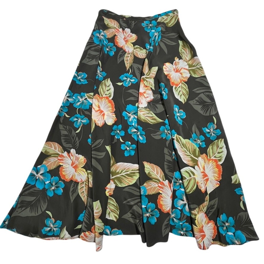 Jones New York 100% Silk Maxi Skirt 8 Tropical Hibiscus Floral Olive Green